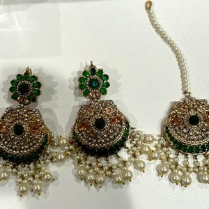 Green gold plated earrings and teeka set